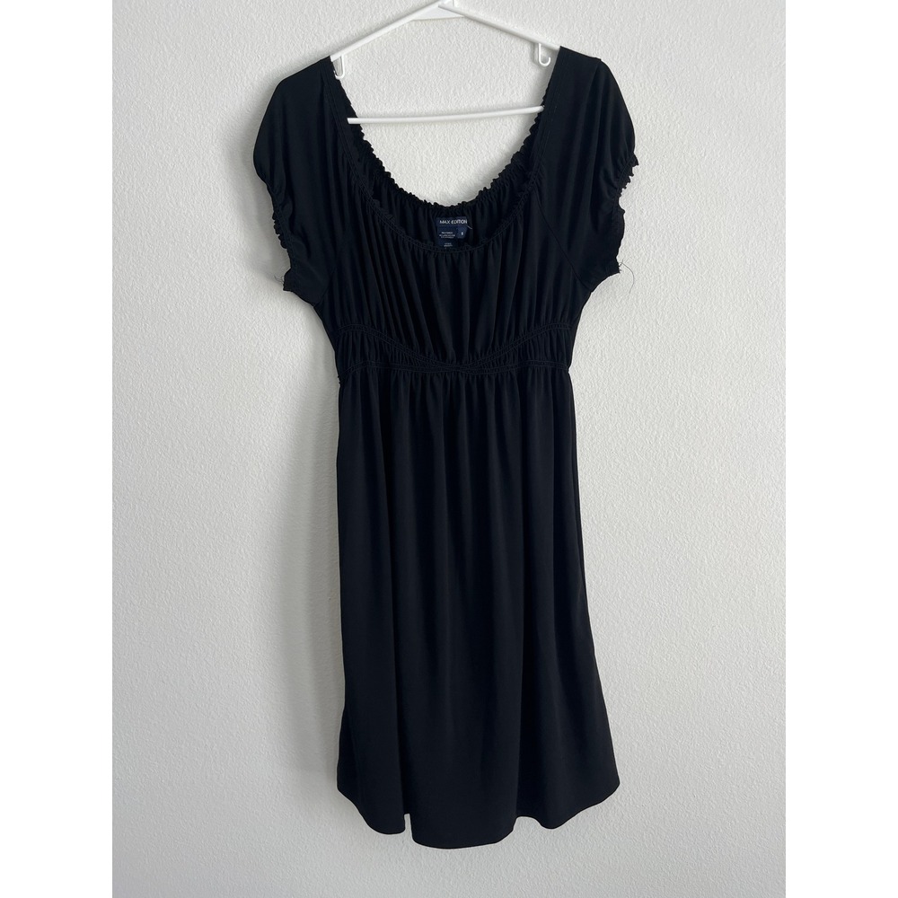 Max Edition Black Empire Waist Smocked Mini Dress Short Sleeve Scoop Neck Small‎